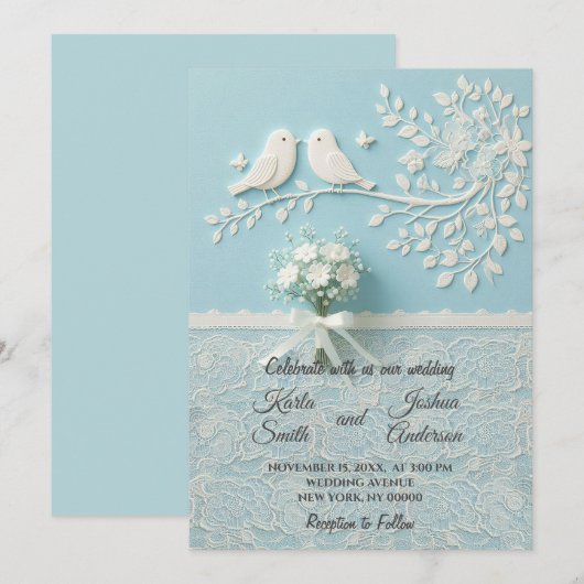 Bord Blauwgroen met romantisch kant en vogelbruilo Kaart (Voorkant / Achterkant)