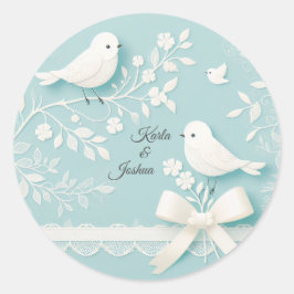 Bord Blauwgroen met romantisch kant en vogelbruilo Ronde Sticker