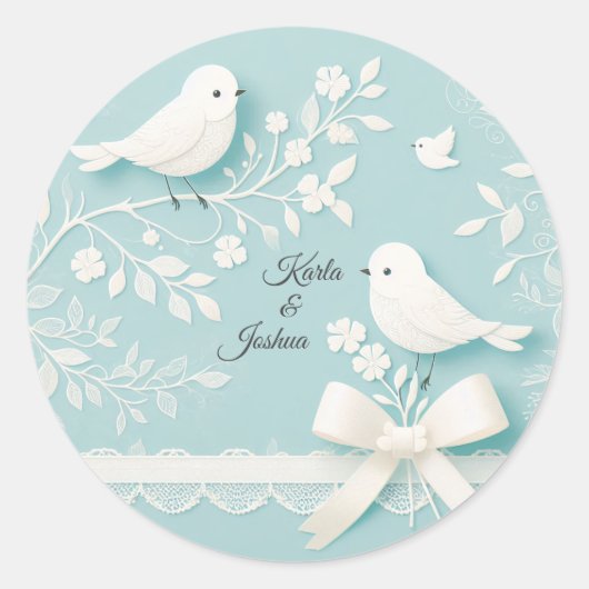 Bord Blauwgroen met romantisch kant en vogelbruilo Ronde Sticker (Voorkant)