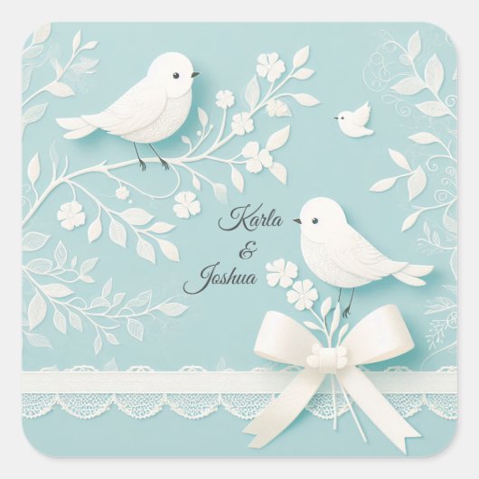 Bord Blauwgroen met romantisch kant en vogelbruilo Vierkante Sticker (Voorkant)