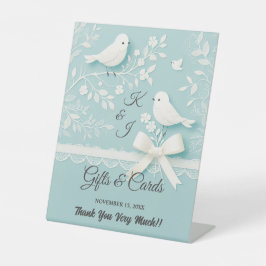 Bord Blauwgroen Romantisch Kant & Vogels Huwelijks Reclamebord Met Voetstuk