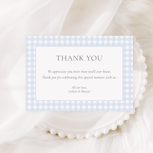 Bord Blue Gingham Classic Boys Baby shower Bedankkaart