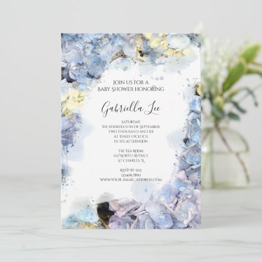 Bord Blue Hydrangea Waterverf Baby shower Kaart (Staand voorkant)