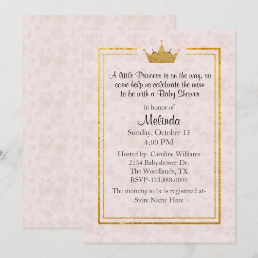 Bord Blush met Gold Crown Baby shower Uitnodiging (Voorkant / Achterkant)