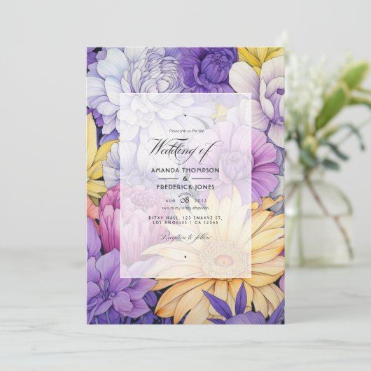 Bord Geel, Lavendel en Zilver Bloemen Bruiloft Kaart (Staand voorkant)