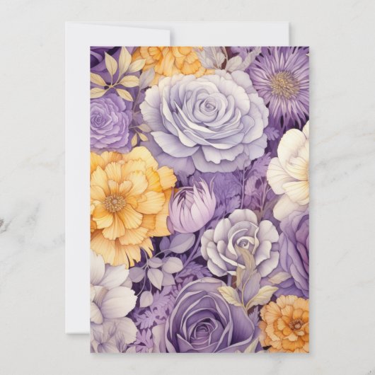 Bord Geel, Lavendel en Zilver Bloemen Bruiloft Kaart (Achterkant)