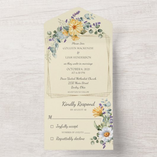 Bord Geel met Wildflower All In One Uitnodiging (Binnen)