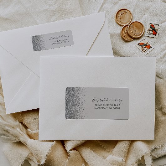 Bord Grijs Zilver Glitter Bruiloft Retouradres Etiket