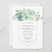 Bord Groene Succulenten & Witte Bloemen Bruiloft Kaart (Voorkant)
