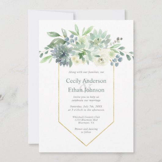 Bord Groene Succulenten & Witte Bloemen Bruiloft Kaart (Voorkant)