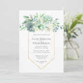 Bord Groene Succulenten & Witte Bloemen Bruiloft Kaart (Staand voorkant)