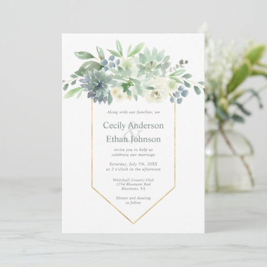 Bord Groene Succulenten & Witte Bloemen Bruiloft Kaart (Staand voorkant)