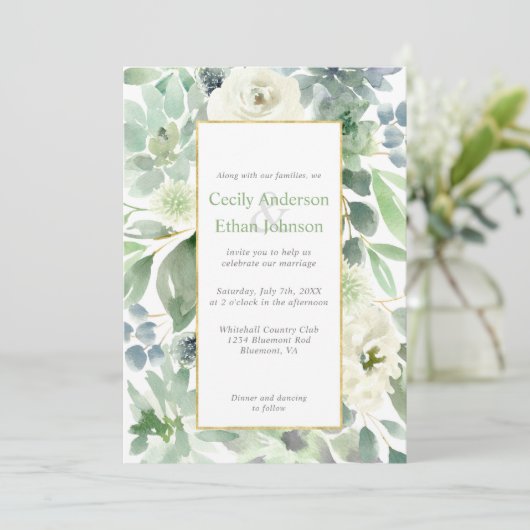 Bord Groene Succulenten & Witte Bloemen Gouden Bru Kaart (Staand voorkant)