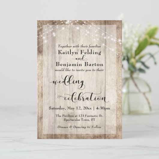 Bord houten lichten bruiloft viering kalligrafie kaart (Staand voorkant)