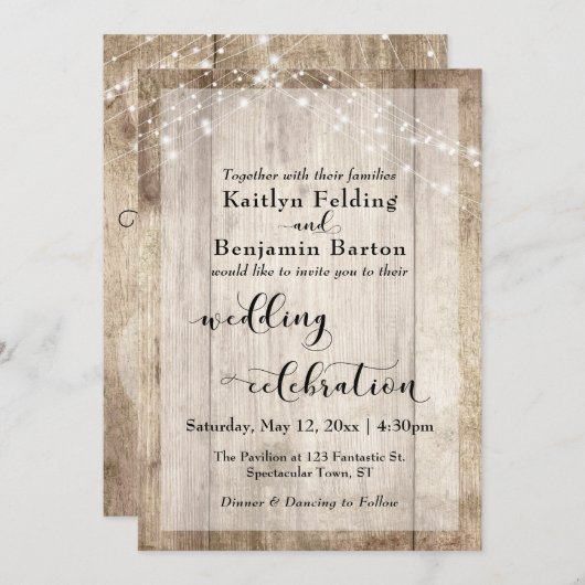 Bord houten lichten bruiloft viering kalligrafie kaart (Voorkant / Achterkant)