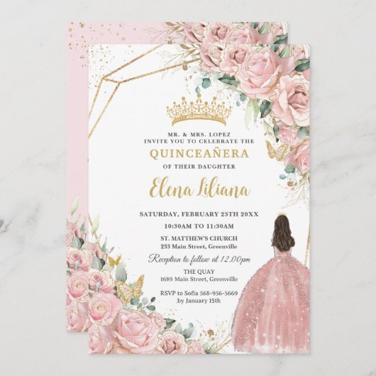 Bord Lichtroze Bloemen Rozen Quinceanera Sweet 16 Kaart (Voorkant / Achterkant)