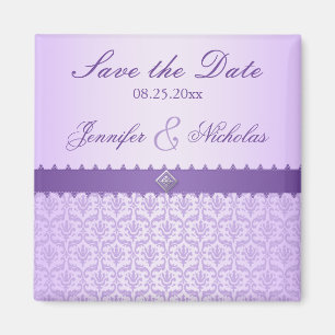 Bord Lila Metallic Damask & Lint Save the Date Magneet