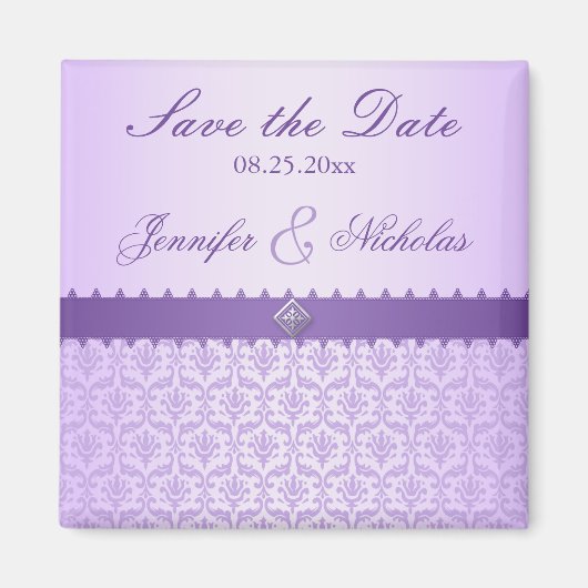 Bord Lila Metallic Damask & Lint Save the Date Magneet (Voorkant)