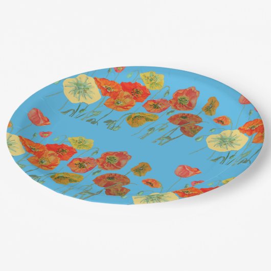 Bord Oranje blauw blauw bladerbloempatroon (Gekanteld)
