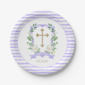 Bord Paars Floral Crest Baptism Paper (Voorkant)