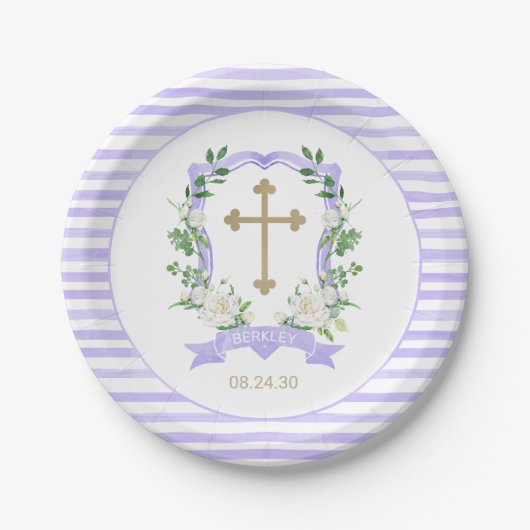 Bord Paars Floral Crest Baptism Paper (Voorkant)