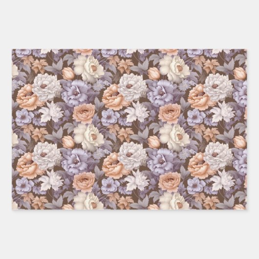 bord paarse beige taupe perzikbloemen inpakpapier vel (Voorkant)