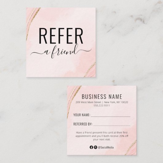 Bord Peachy Pink and Gold Waterverf Referral Kaart Vierkante Visitekaartje (Voorkant / Achterkant)