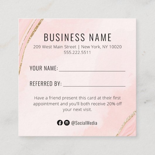 Bord Peachy Pink and Gold Waterverf Referral Kaart Vierkante Visitekaartje (Achterkant)