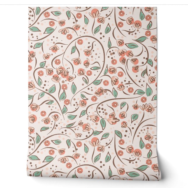 Bord Perzik Bloemenbessen en wijnstokken Boho Bota Behang (Afrollen)