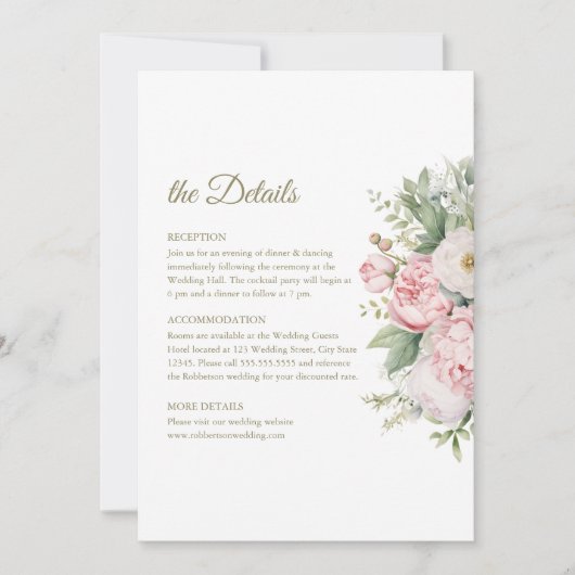 Bord Perzik en Blush Bloemen Bruiloft Details Kaar Kaart (Voorkant)