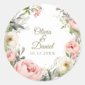 Bord Perzik en Blush Roze Bloemen Bruiloft Ronde Sticker (Voorkant)