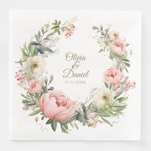 Bord Perzik en Blush Roze Bloemen Bruiloft Servet (Voorkant)