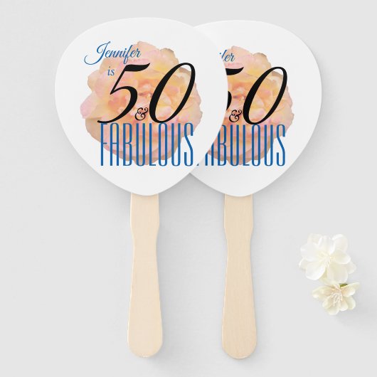 Bord Perzik Roos 50 en Fabulous Birthday Handwaaier (Voorkant en achterkant)