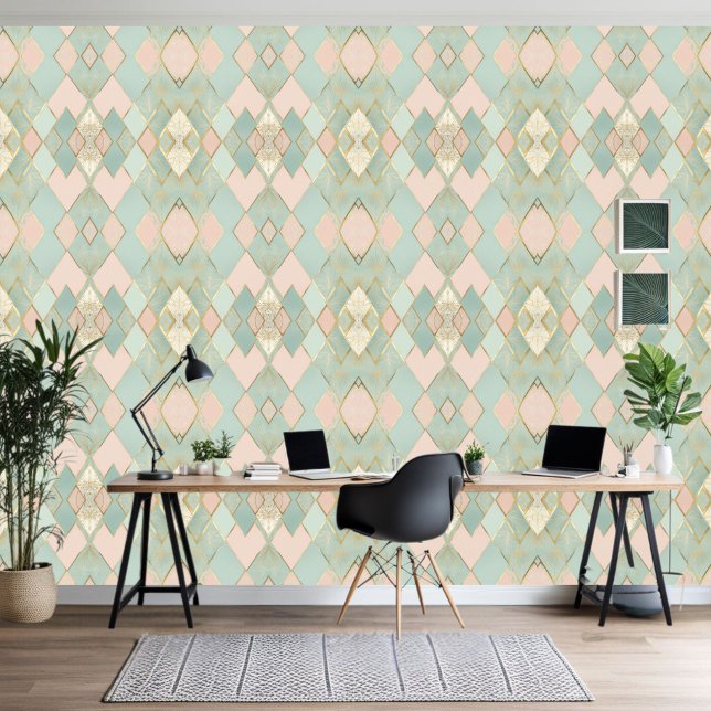 Bord Roze, Blauwgroen, Crème en Goud Argyle Patter Behang (Creator heeft geüpload)