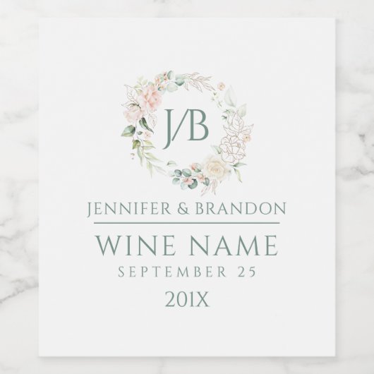 Bord roze bloemenkrans bruiloft wijn etiket (Enkel label)