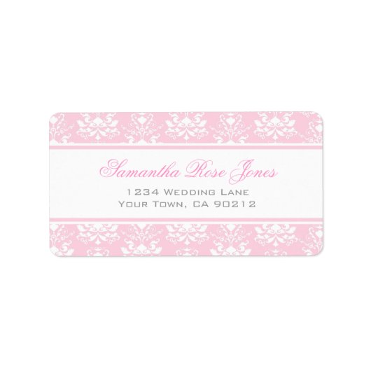 Bord Roze en Wit Damast Elegant Adreslabel Etiket (Voorkant)