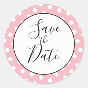 Bord Roze en Witte Polka Dot Save the Date Ronde Sticker