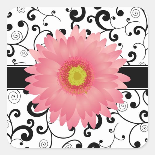 Bord Roze Gerbera Daisy Zwart Scroll Design Seal Vierkante Sticker (Voorkant)