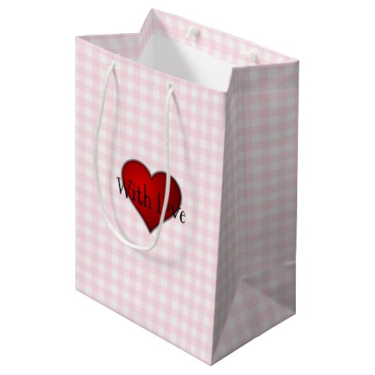 Bord Roze Gingham Rood hart Met Liefde Medium Cadeauzakje (Voorkant Gekanteld)