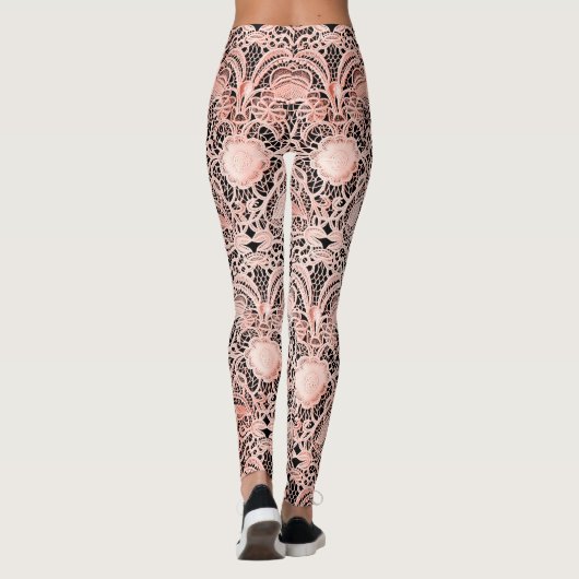  Bord Roze Kant op Zwart Leggings (Achterkant)