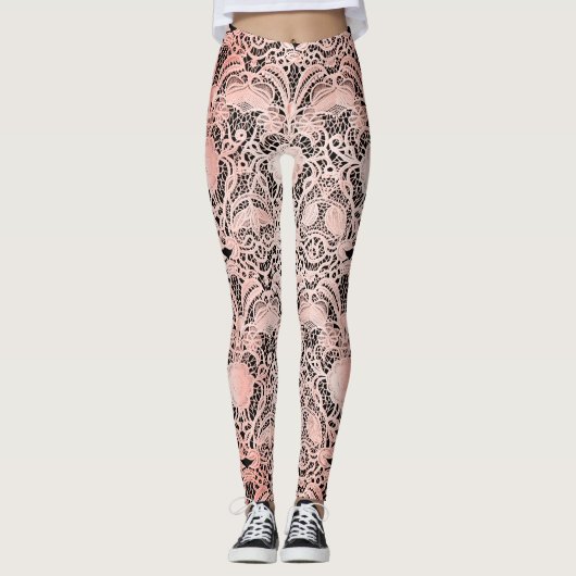  Bord Roze Kant op Zwart Leggings (Voorkant)