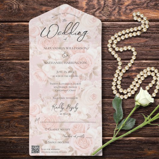 Bord Roze Roze Boeket QR Code All In One Uitnodiging