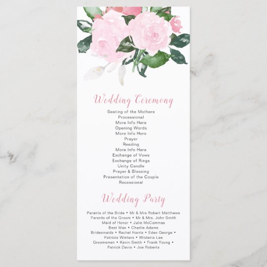 Bord Roze Rozen Groen Bruiloft Programma Programmakaart (Achterkant)