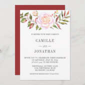 Bord roze rozen groen Waterverf bloemenbruiloft Kaart (Voorkant / Achterkant)