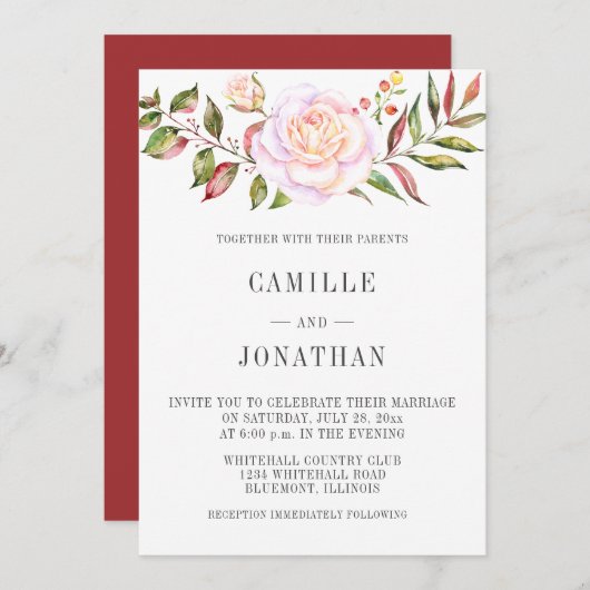 Bord roze rozen groen Waterverf bloemenbruiloft Kaart (Voorkant / Achterkant)