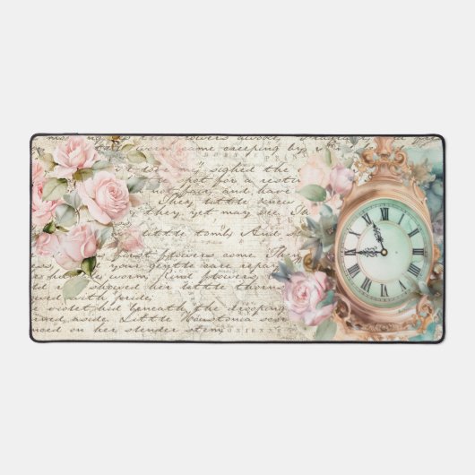 Bord Roze Rozen Oude Letter Klok Bureaumat (Voorkant)