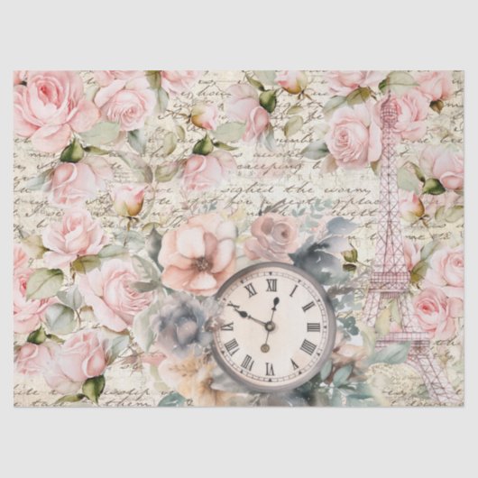  Bord Roze Rozen Oude Letter Klok Decoupage Tissuepapier (Voorkant)