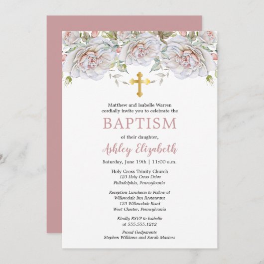 Bord roze rozen Waterverf Floral Baptisme Kaart (Voorkant / Achterkant)