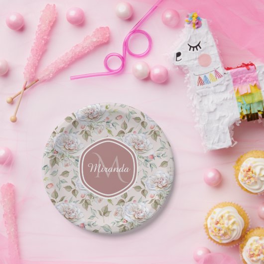 Bord Roze Rozenpatroon met Monogram en Naam (Feest)