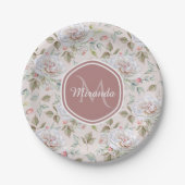 Bord Roze Rozenpatroon met Monogram en Naam (Voorkant)